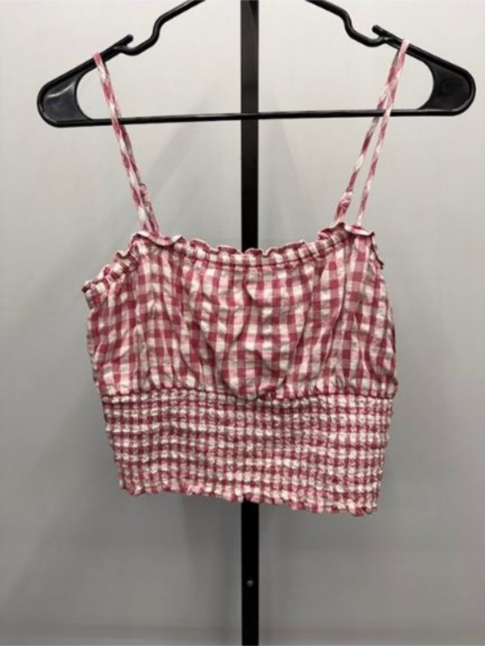 American Eagle Pink Gingham Smocked Crop Tank Top